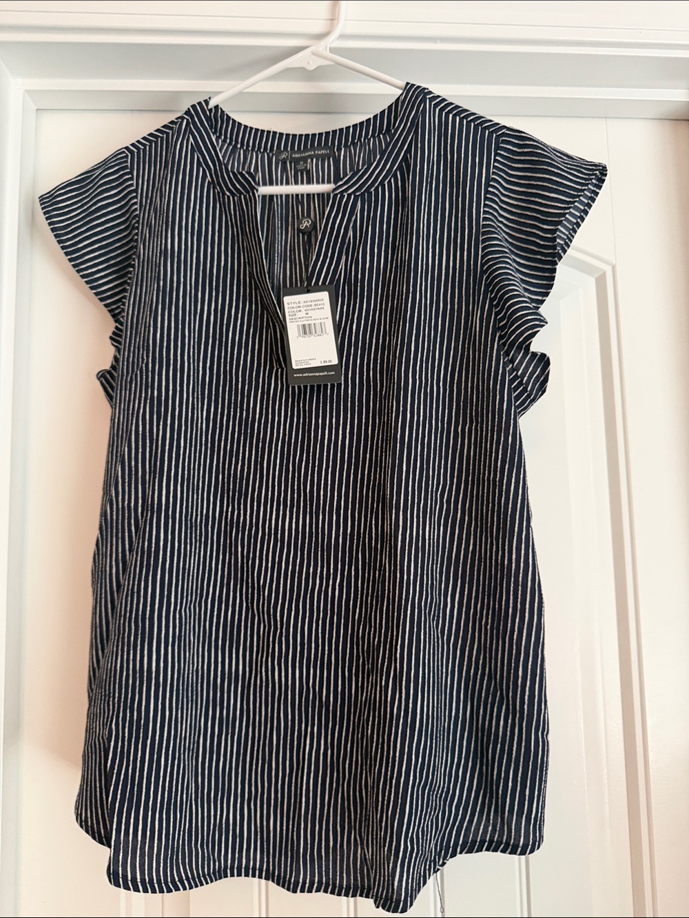 Adrianna Papell Navy and White Striped Flutter Sleeve Top